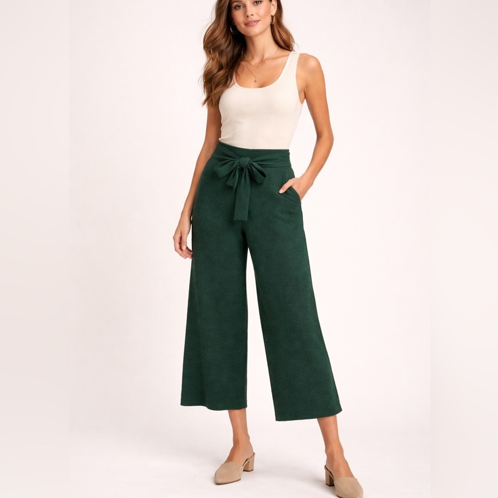 Anthropologie HOM Green Knit Wide Leg Pants Size XS Tie Waist NWT